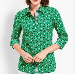 Talbots Top Size P Button Down Green Ladybug Hearts Contrast Cuff Novelty